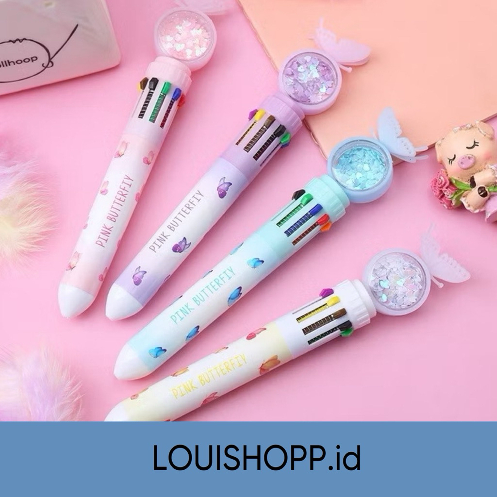 

LOUISHOP-L0178 Pulpen Gliter Motif Kupu-Kupu Pulpen 10 Warna Aesthetic Pena Ballpoint Karakter Lucu