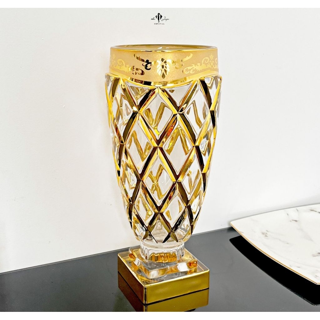 Vas Bunga Gold Mewah Kaca Kristal | Tempat Bunga Hiasan Meja Sudut | Vas Emas Pajangan Impor Gaya Er