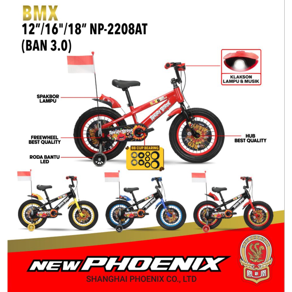 SEPEDA ANAK BMX COWO 12 / 16 / 18 INCH NEW PHOENIX NP 2208 AT ANGRY BIRDS / HUNTER TORA / NEW PHOENI