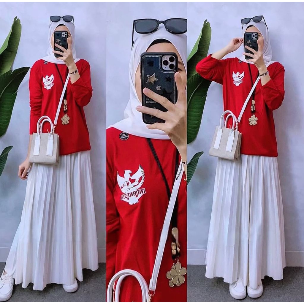 Garuda Indonesia Top Atasan Kaos Wanita Motif Kemerdekaan Merah Putih