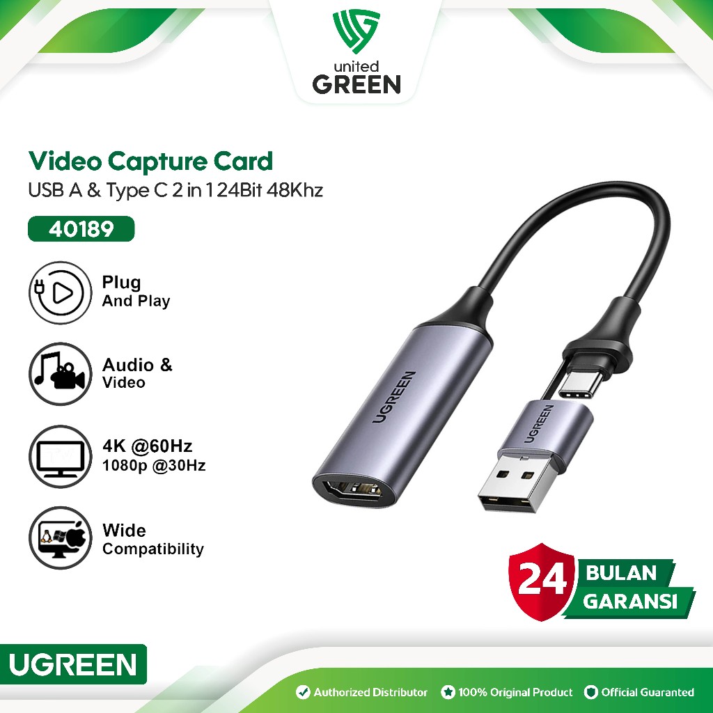 UGREEN 40189 Video Capture Card HDMI Adapter 2 in 1 Type C / USB HD 4K 60Hz Adaptor Tipe C Converter