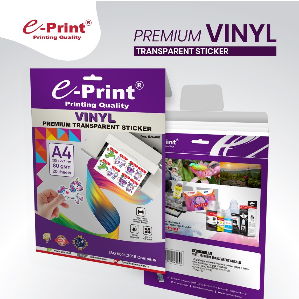 

e-Print Kertas Stiker Vinyl Transparan Premium Transparent Sticker A4 80gsm isi 20lembar Tahan Air