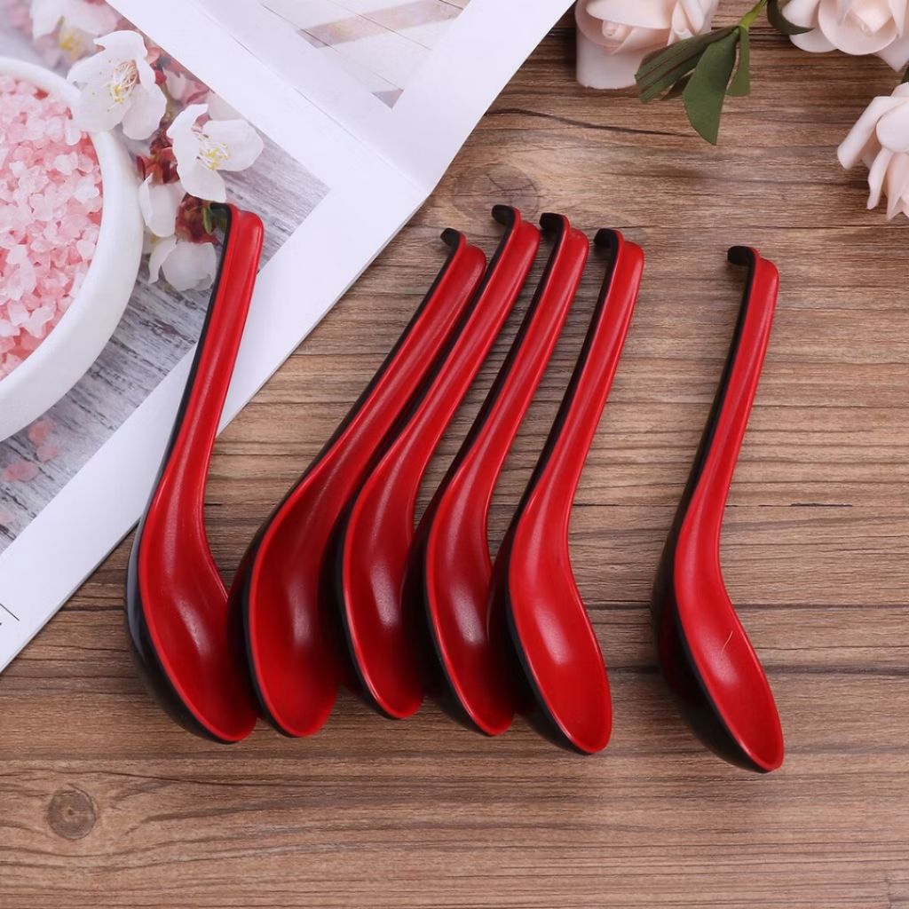 [ 6 pcs ] Sendok Ramen Plastik Tebal BLACK COWS Sendok Bebek Oriental Warna Merah Hitam