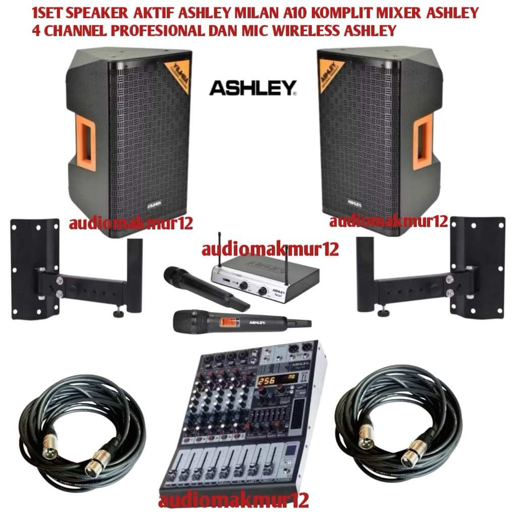 Paket Sound System Ashley Speaker Milan Aktif A10 Komplit Mixer Ashley Super M4 Dan Mic Wireless Ash
