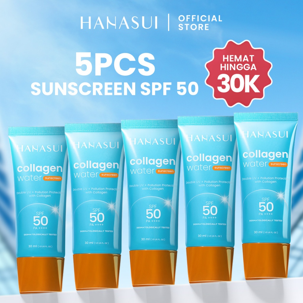 【5pcs Hemat】Hanasui Collagen Water Sunscreen - SPF 50 & SPF 30 - Ringan & Menenangkan Kulit No White