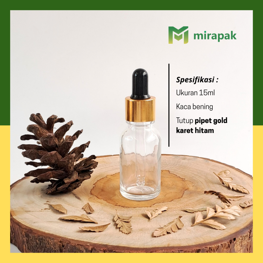 BOTOL PIPET 15ML BENING CLEAR KACA TEBAL - RING GOLD KARET HITAM - SERUM KOSMETIK SKINCARE - R18GOLD