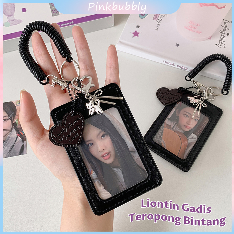 

Pinkbubbly.3inch/2R Idol Photo Kpop Photocard Black Leather Card Holder Display with Spring Rope Student ID Card Bus Card Protective Case Bag