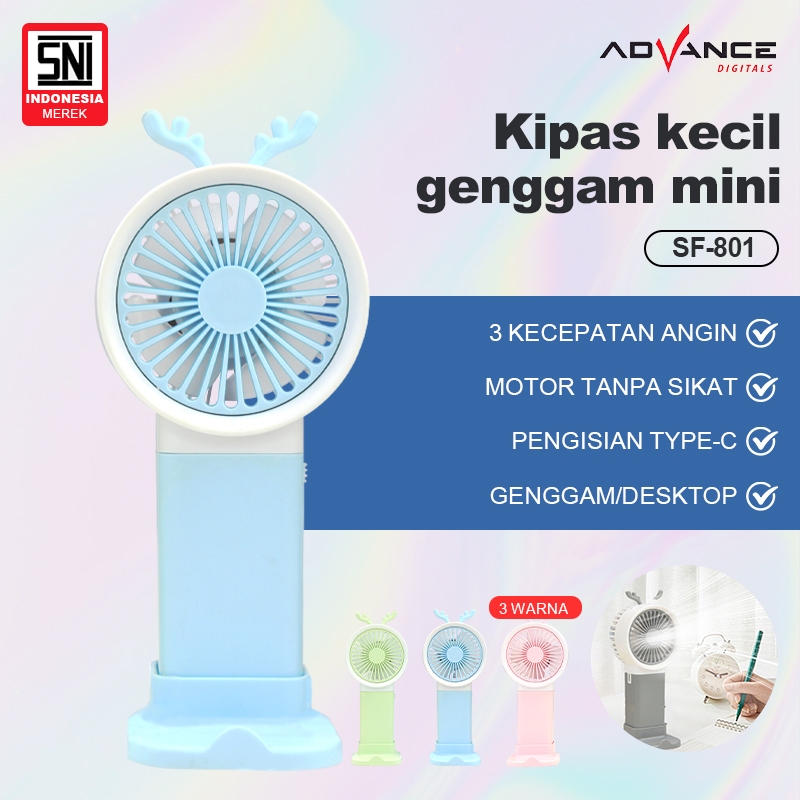 ADVANCE Kipas Angin Mini SF-801 Portable Genggam Cute Mini Fan Kipas Leher Kecil Display USB Charger