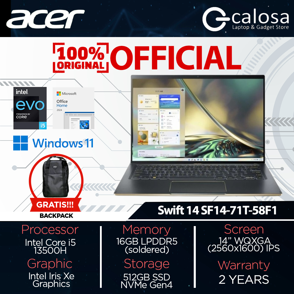 Laptop Acer Swift 14 58F1 Intel Core i5 -13500H EVO RAM 16GB SSD 512GB TouchScreen Backlight Backlit