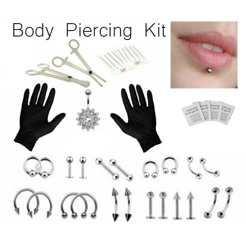 20/41pcs Alat Tindik Alat Tindik Telinga + Anting Pria Set Alat Tindik Alat Tindik Satu Set