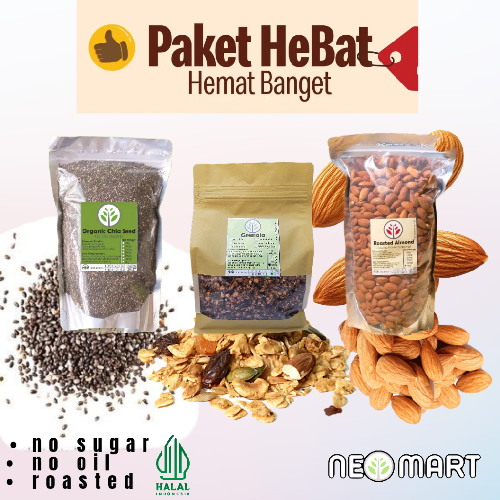 

[Sarapan 3 in 1] Granola 250gr + Chia seed 100gr + Roasted almond 250gr - Sereal Tinggi Serat