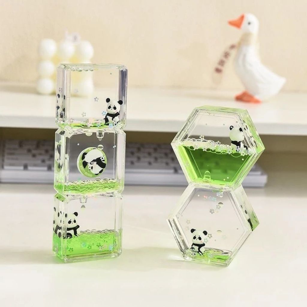 Timer Akrilik Minyak Panda Segienam Jam Pasir Cair Drip Oil Dekorasi Pajangan Anti Stress