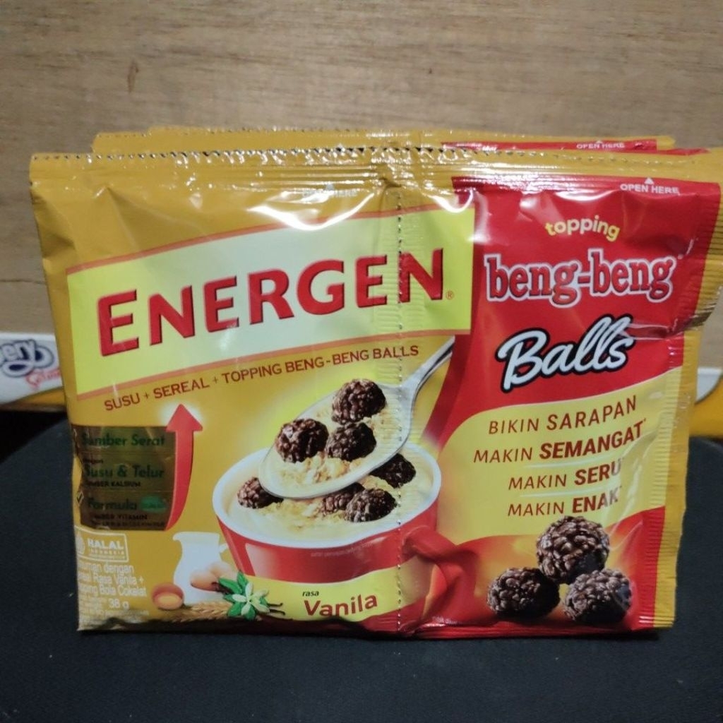 

Energen vanila topping beng-beng balls 1renceng isi 10sachet