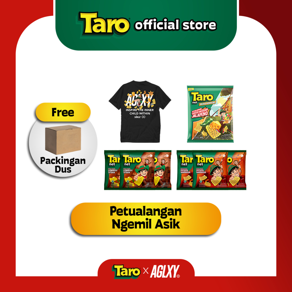 

Petualangan Ngemil Asik [TARO x AGLXY Inspire the Inner Child Within Shirt+TARO Net Cheesy Mexican Jalapeno 60g+TARO Net Cowboy Steak 32g+TARO Net Potato Barbeque 32g]