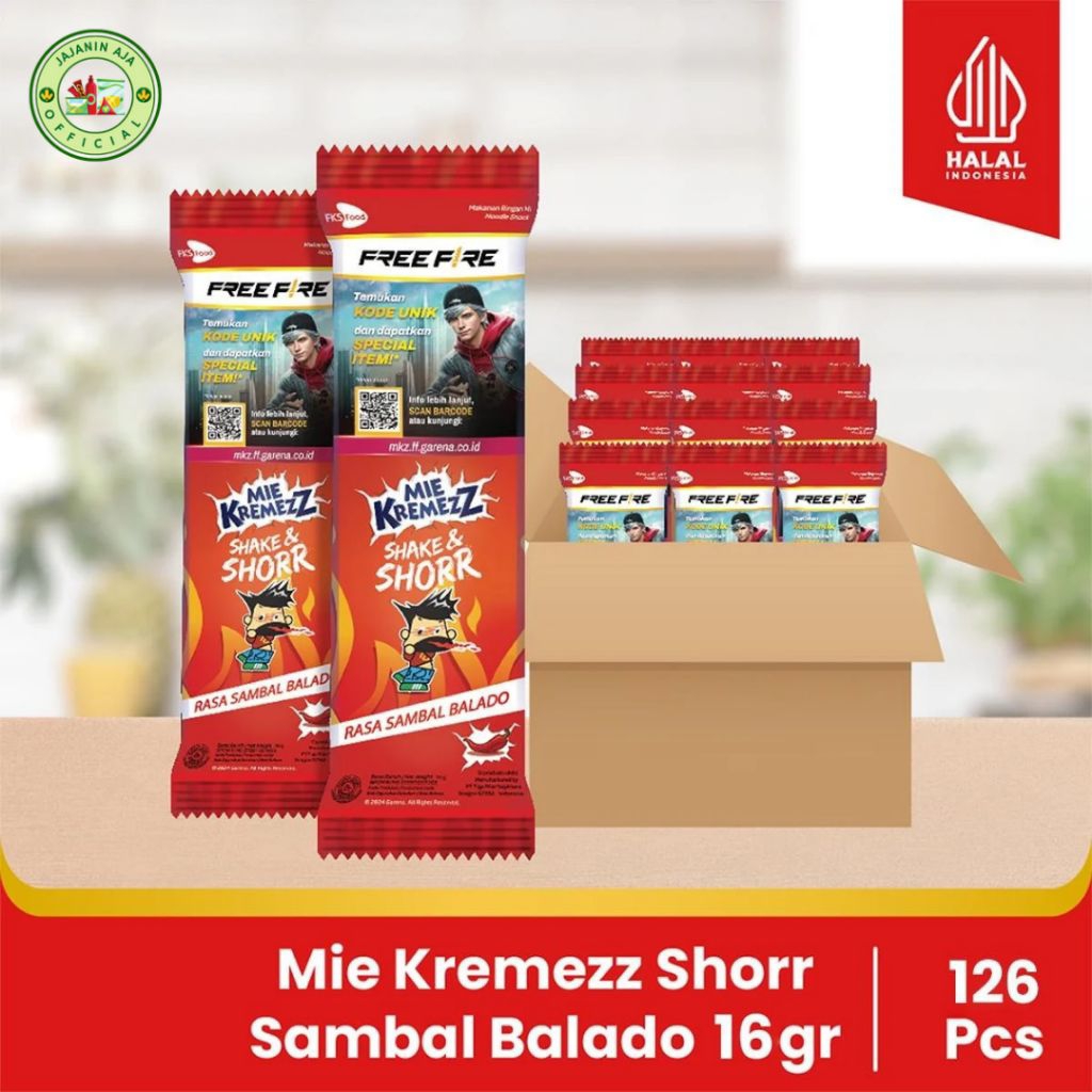 

Mie Kremezz Shorr Sambal Balado / Snack Mie Renyah Pedas | 1 Karton 126 Pcs × 16gr (6 Box)