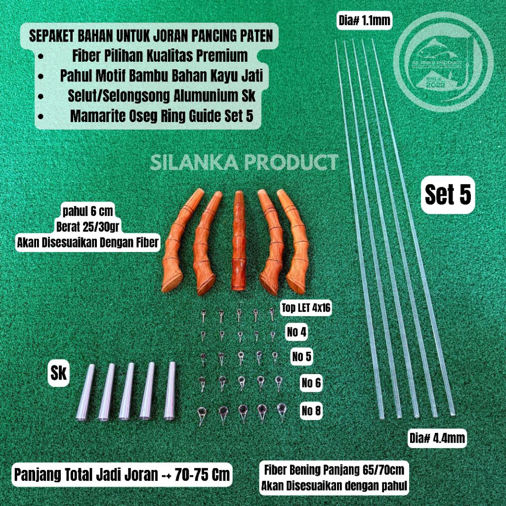 Sepaket Bahan Untuk Joran Pancing Siap Lilit Benang/ Bahan U/Joran Paten P.70-75cm Fiber Bening