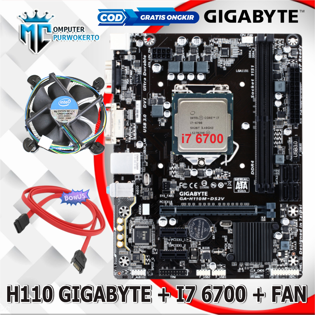 Paket Mainboard Mobo H110 LGA 1151 + Processor Core i7 6700 + Fan