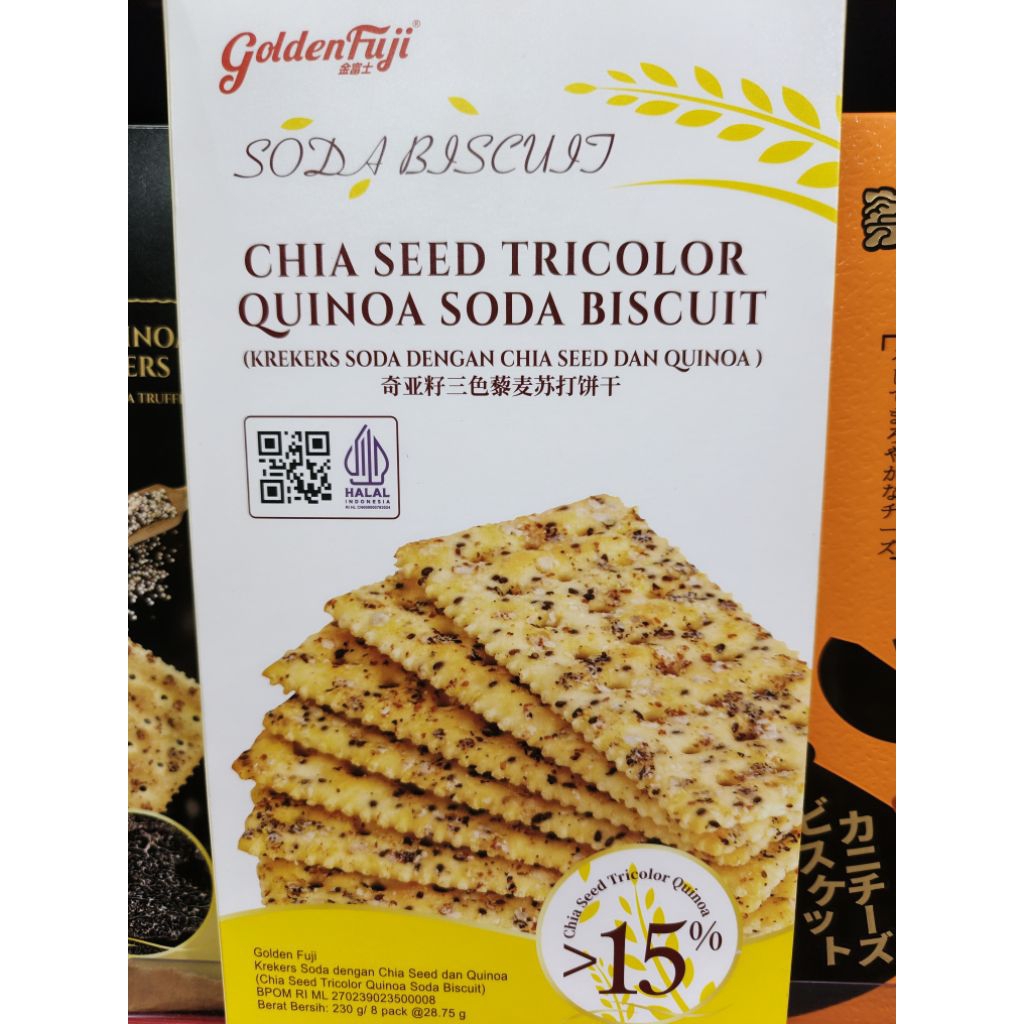 

Golden Fuji Chia Seed Tricolor Soda Biscuit. Black Truffle with Quinoa and Chia Seed. Biskuit Soda dengan Chia Seed dan Quinoa. Sea Salt Rye Biscuit. Biskuit Gandum Hitam dan Garam. Biskuit Gandum Renyah Kaya Serat / Halal 230gr isi 8pax.