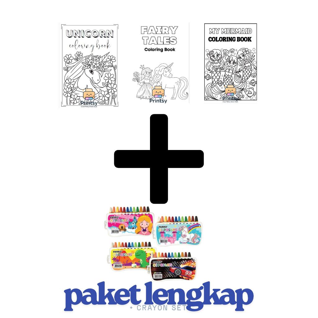 Set Mewarnai Anak Lengkap Buku Gambar & Krayon | Buku Mewarnai A4 Tema Unicorn Mermaid Princess Eduk