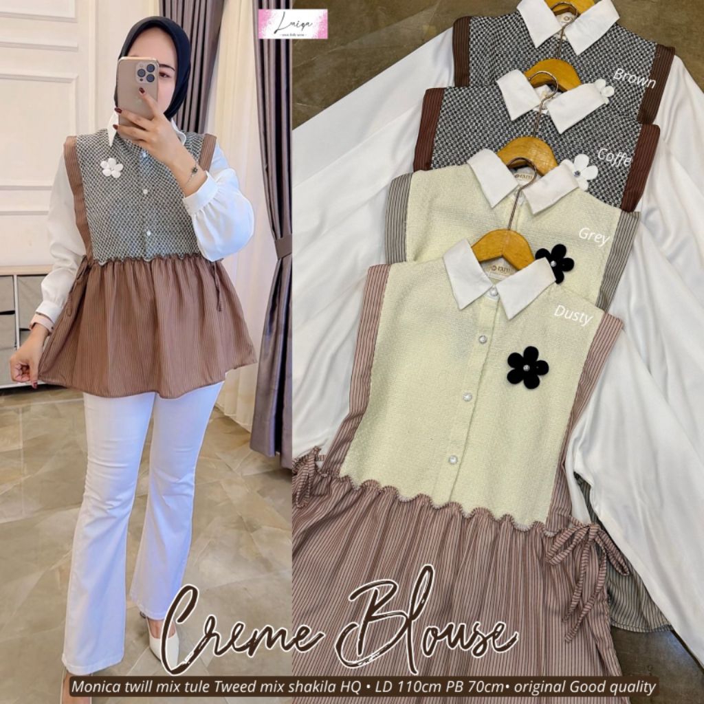 JENA CREME AYSA RISTI BLOUSE ORI LAIQA ATHAYA • BAJU ATASAN WANITA KAOS KNITE MIX CRINGKLE MODIS SIM