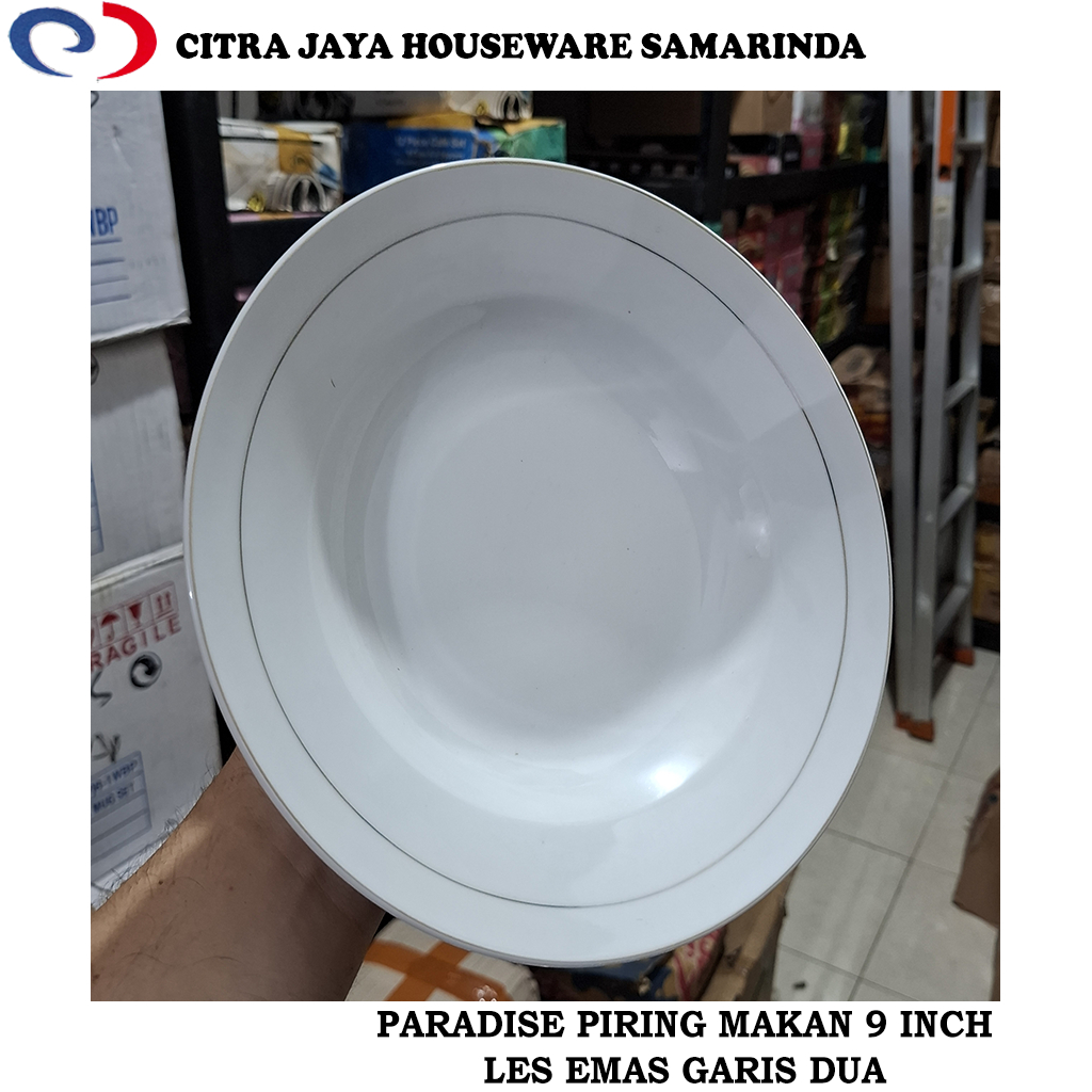 Piring MAKAN 9 INCH (1 LUSIN / 12 PCS) PARADISE PUTIH LES MAS GARIS DUA KERAMIK