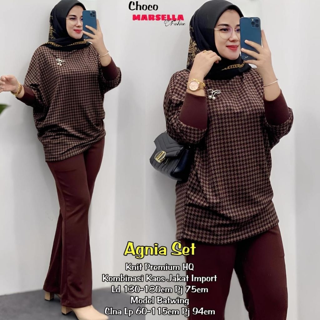 Marsella -Agnia Set Celana Wanita Knit  X Kaos Jacket Import Model Batwing •