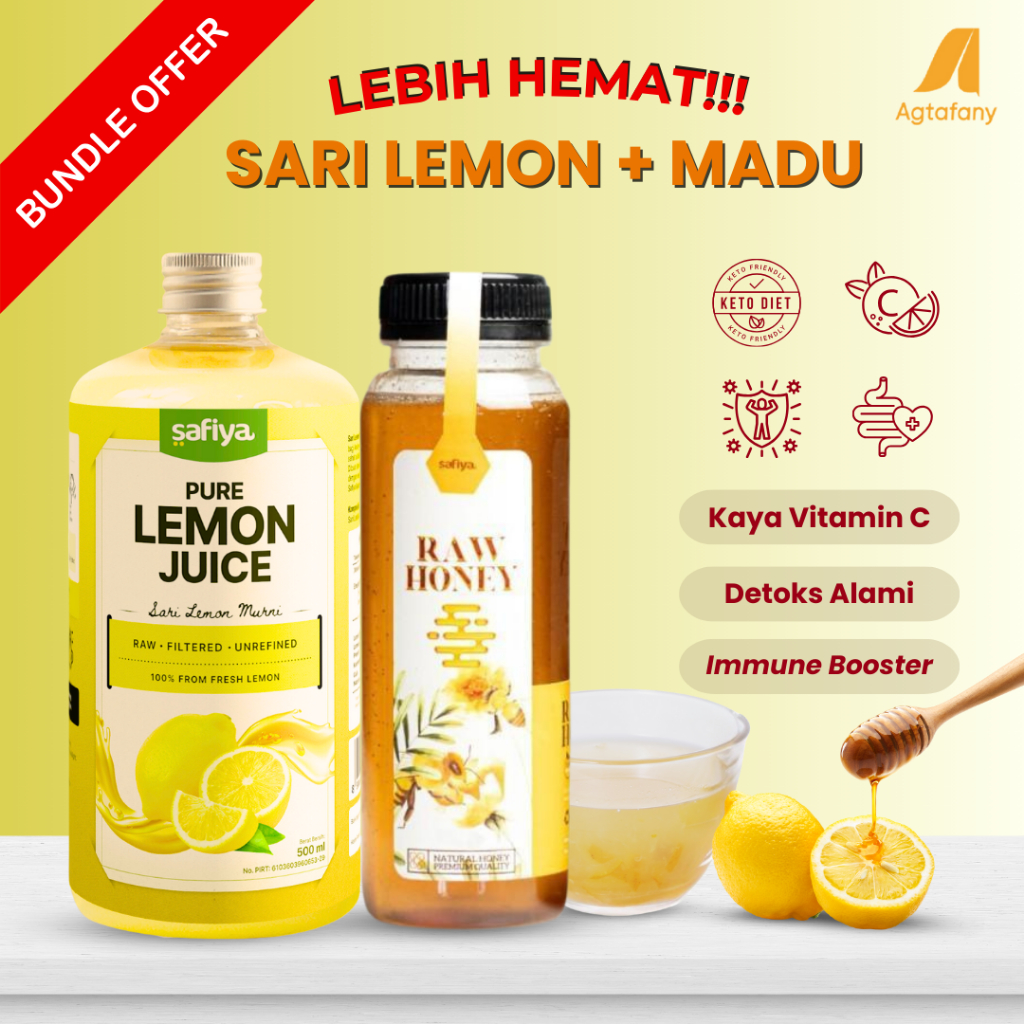 

[Paket Minuman Sehat] Bundling Hemat Sari Lemon 500 ml + Madu Murni Raw Honey | Juice Lemonade Safiya Diet Detox Herbal Asli Premium