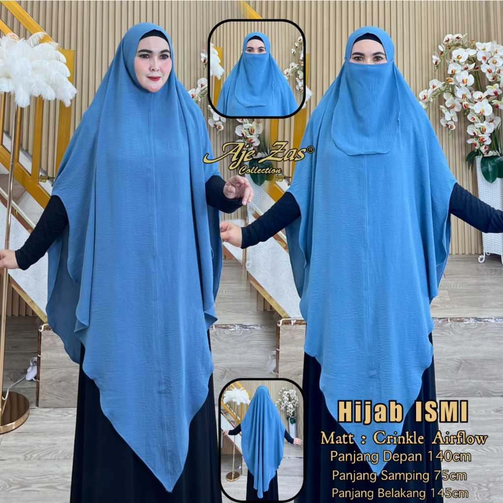 AJE ZAS - Hijab Khimar Jumbo Syar'i Lancip Tanpa Pet Kode-ISMI Free Cadar Tali Matt Crinkle Airflow