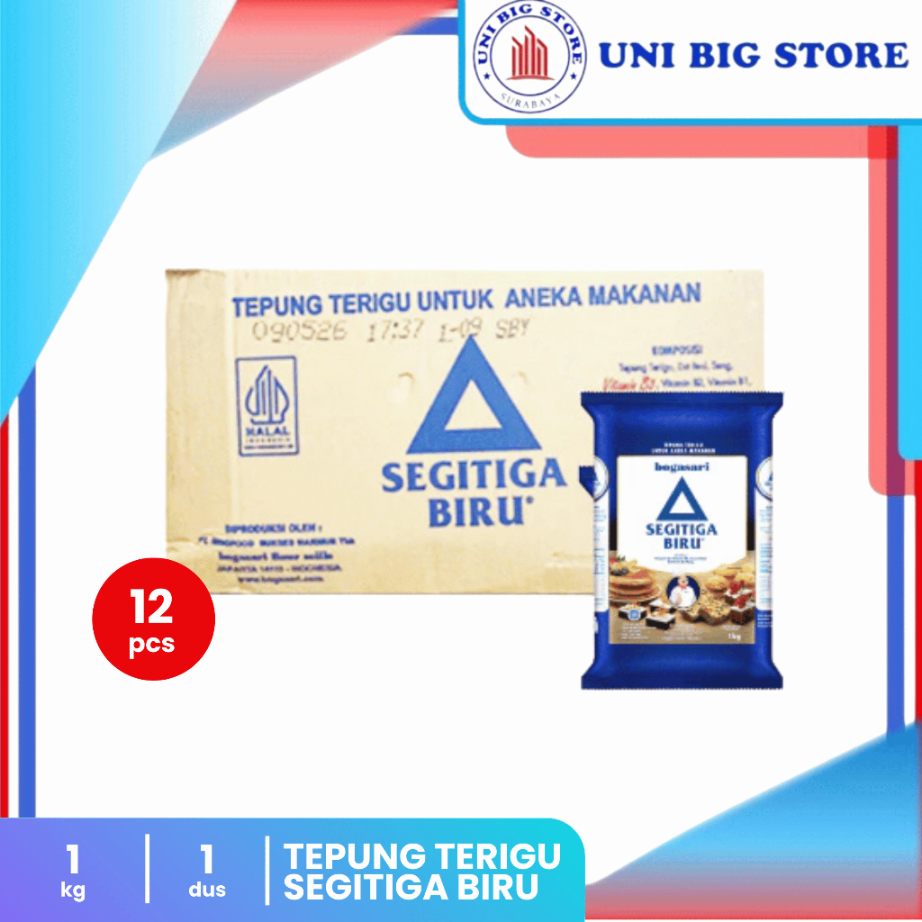 

Tepung Terigu Premium Bogasari Segitiga Biru 1 kg x 12 pcs DUS