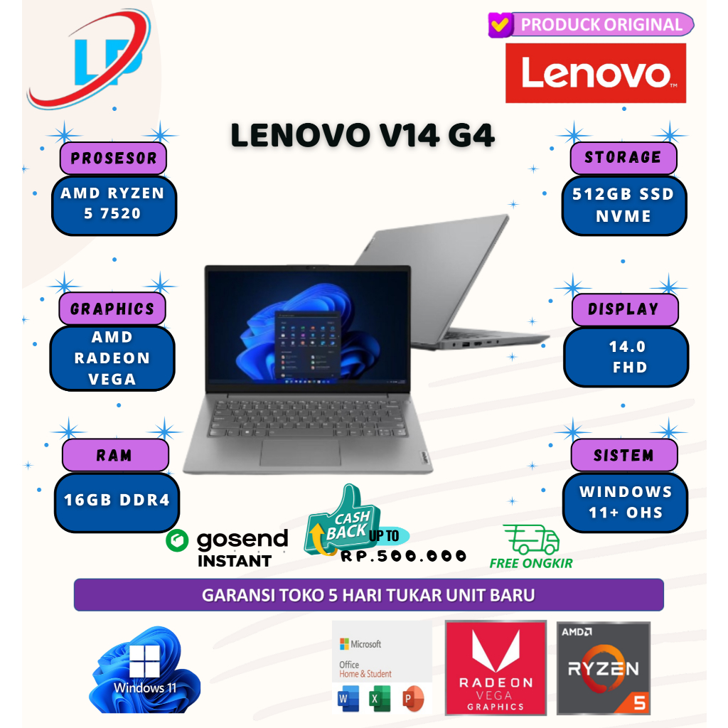 Lenovo V14 G4 Ryzen 5 7430 16gb 512gb w11+ohs 14.0 fhd
