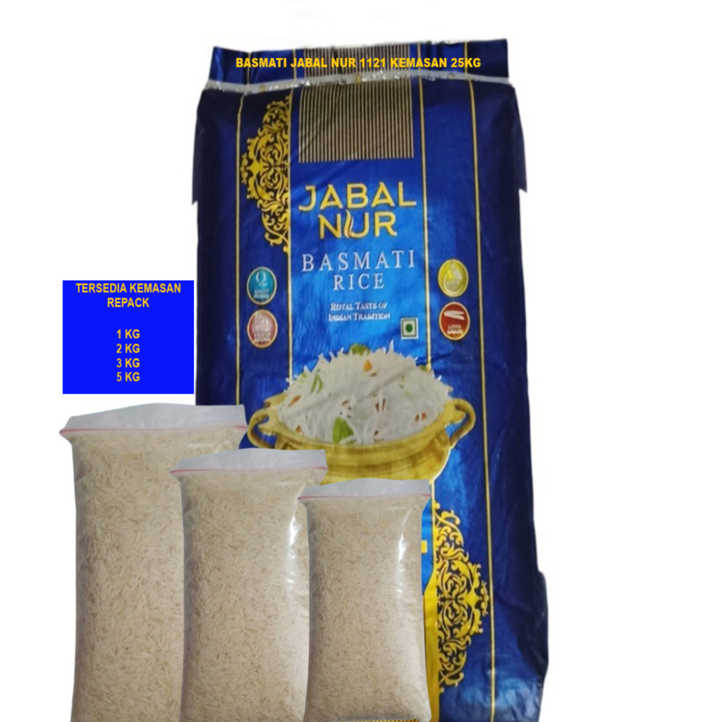 

Beras Basmati JABAL NUR 1121 Kemasan Repack 5kg Basmati Rice