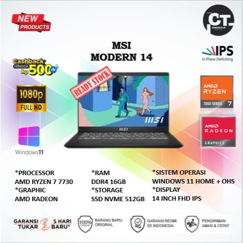 MSI MODERN 14 RYZEN 7 7730 16GB 512GB GARANSI RESMI