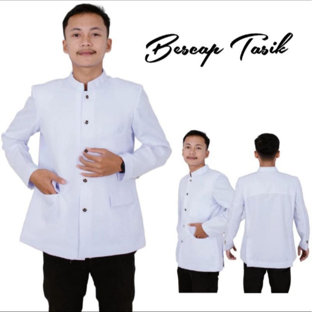 Bescap Jas Koko Pria Putih Polos Saku Tutup  Formal Informal S-XXL
