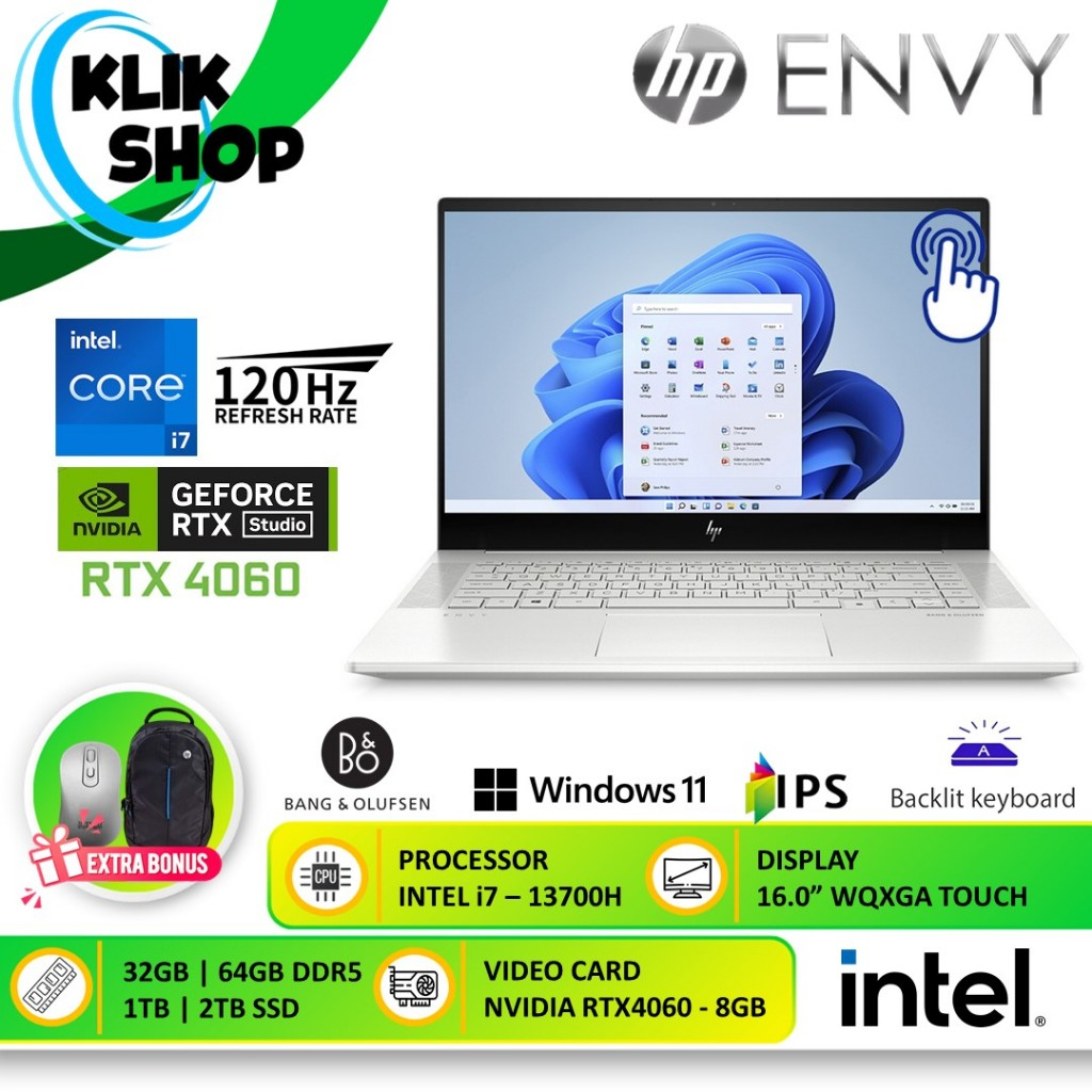 Laptop HP Envy 16 i7-13700H 16GB 1TB RTX4060 8GB Layar 16” 120Hz Touch