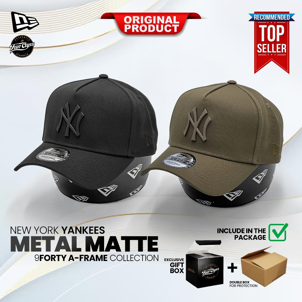 Topi New Era Original MLB New York Yankees METAL MATTE BADGE 9FORTY A-FRAME Warna Hitam Warna Olive 