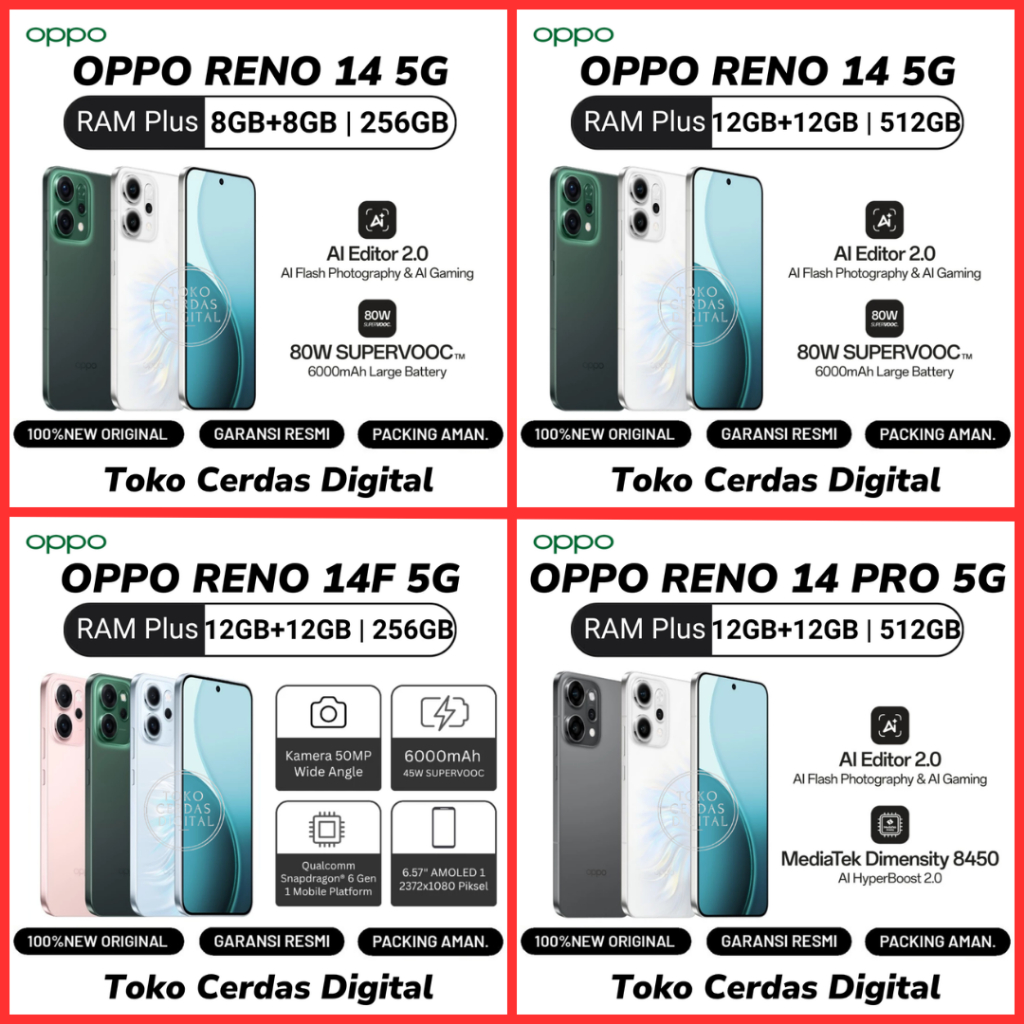 Oppo Reno 14 Series | Reno14 Pro 5G | Reno 14 | Reno 14F 5G | 8/256GB | 12/256GB | 12/512GB  Garansi