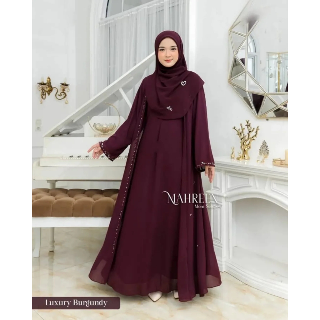(S - XXXL) Gamis Abaya Turkey Mahareen Busui Frendly Dress Kondangan Gamis Burgundy Ibu Ibu Baju Set