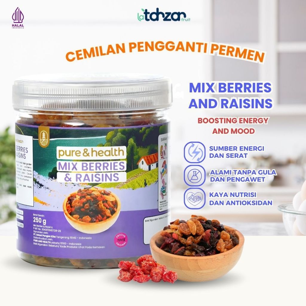 

Mix Berries & Raisin 250 gr Pure and Health Cemilan Diet Sehat Topping Oatmeal Premium