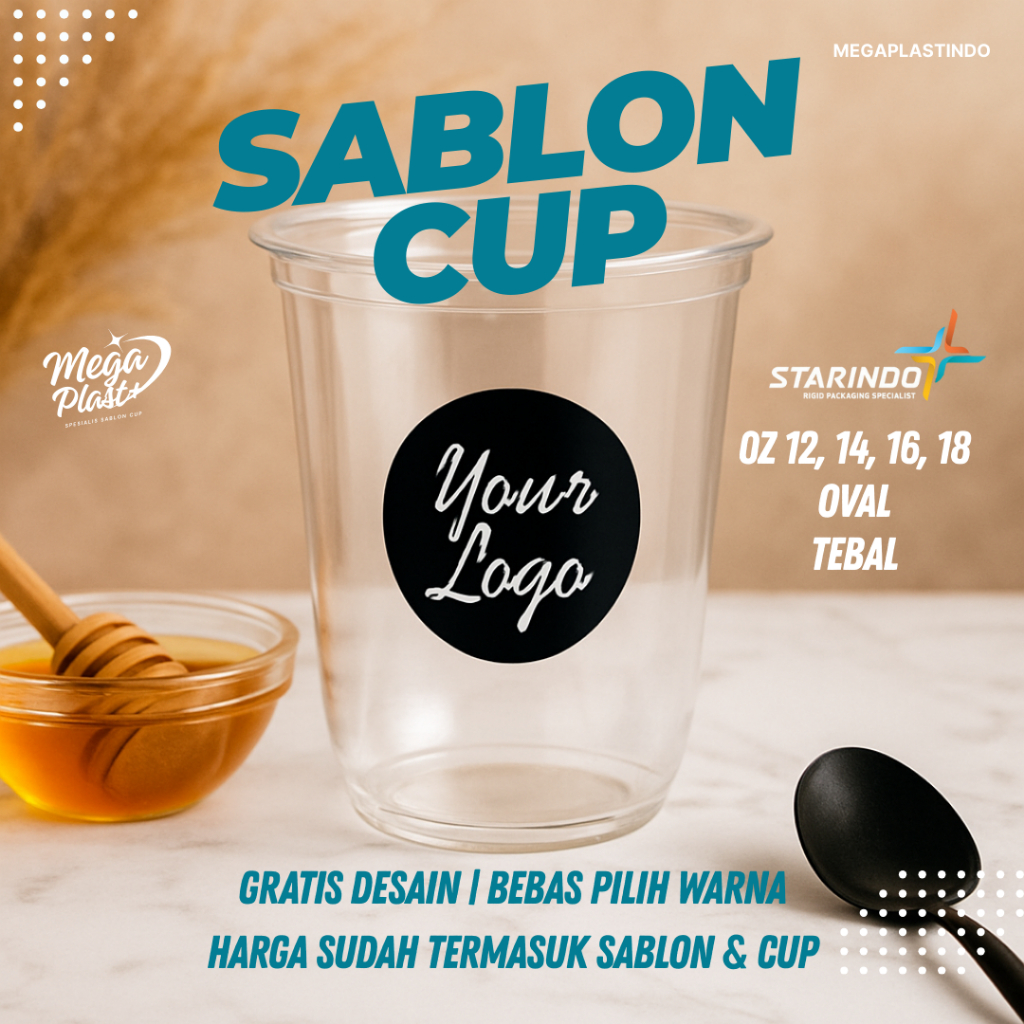 Cup Plastik Sablon Custom – Gelas Minuman PET PP 12oz 14oz 16oz 18oz Oval