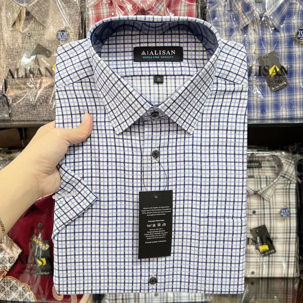 Kemeja Alisan Motif Pria lengan pendek Reguler ukuran 14,5 , 15 , 15,5 dan 16 / Kemeja Pria / Pakaia
