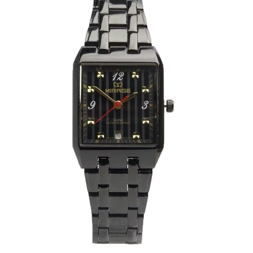 Mirage Jam Tangan Wanita Analog Segi Petak Hitam 7716 Tanggal Aktif Stainless Original