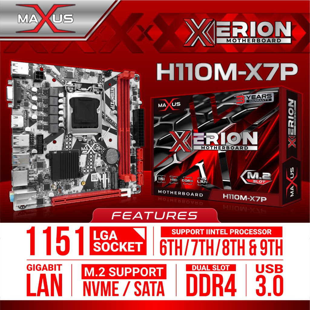MOTHERBOARD MAXUS H110M-X7P LGA 1151 DDR4 SUPPORT M.2 NVME M.2 SATA