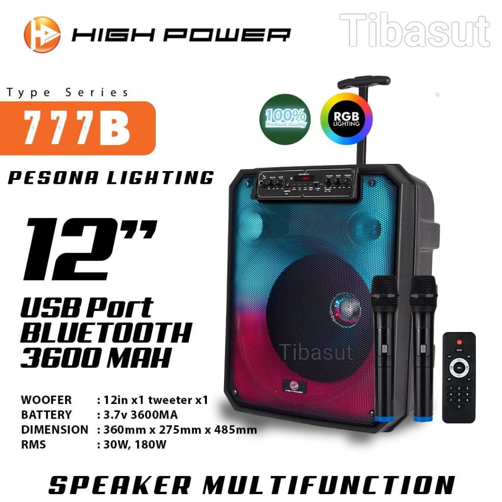 High Power Speaker Portable 12 Inci Free 2 Mic Wireless Bluetooth Karaoke 777B Pesona Lighting SNI S
