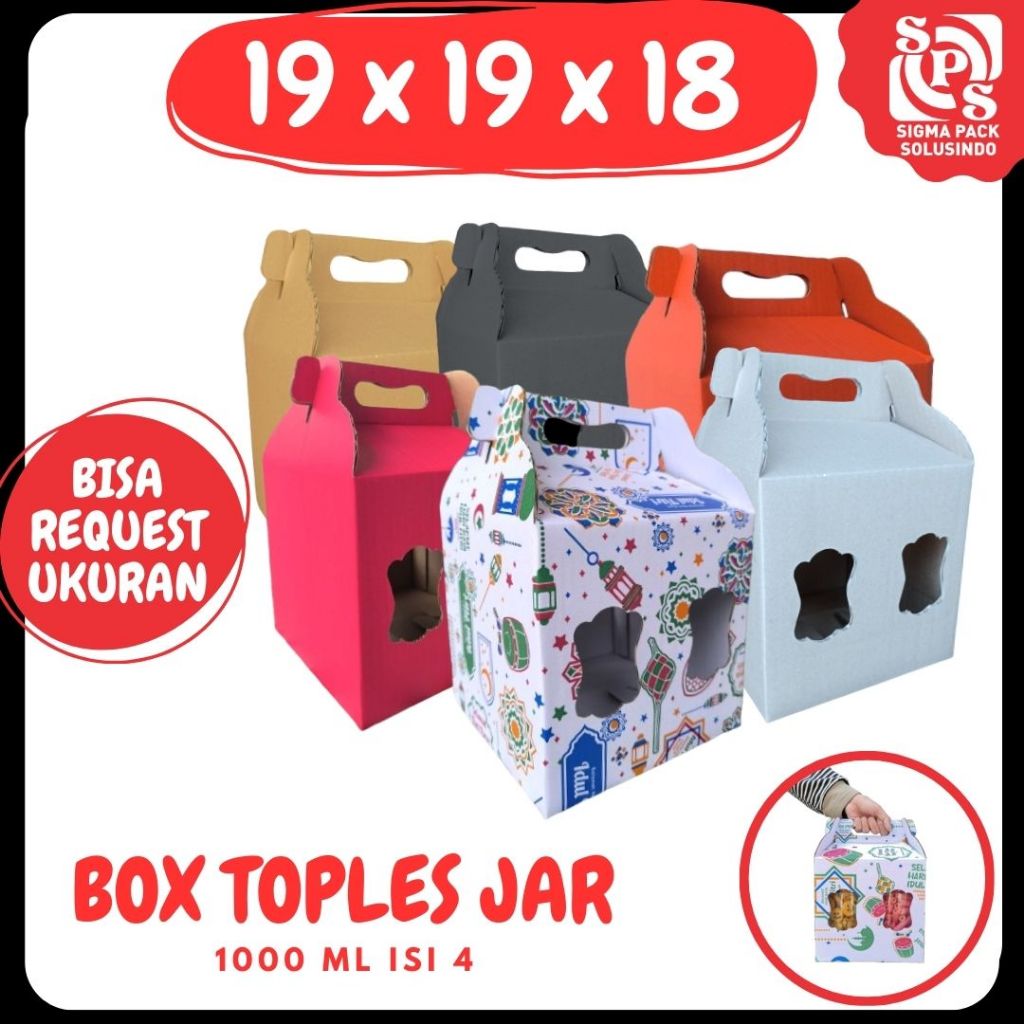 

Box 19x19x18 Jinjing (KUKER TOPLES JAR 1000 ml Isi 4) Gable Box Kardus Kue Kering Idul Fitri Hampers