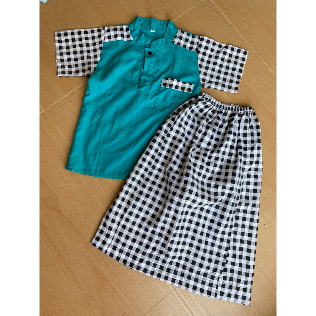 set koko sarung anak laki laki hijau turquoise kotak kotak katun ngaji