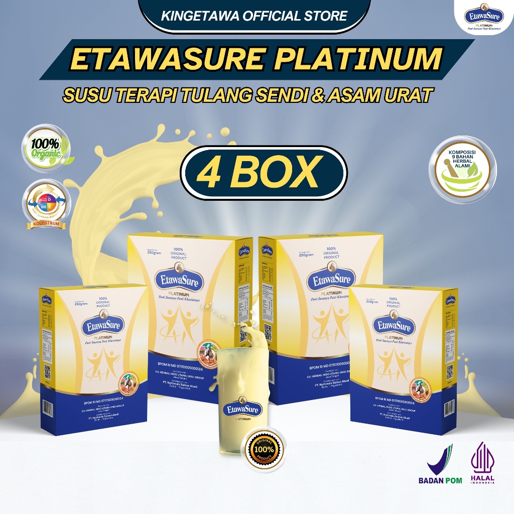

[Etawasure Platinum] Susu Kambing Etawa Untuk Pegal Linu dan Asam Urat Kemasan 250gram Paket 4 Box