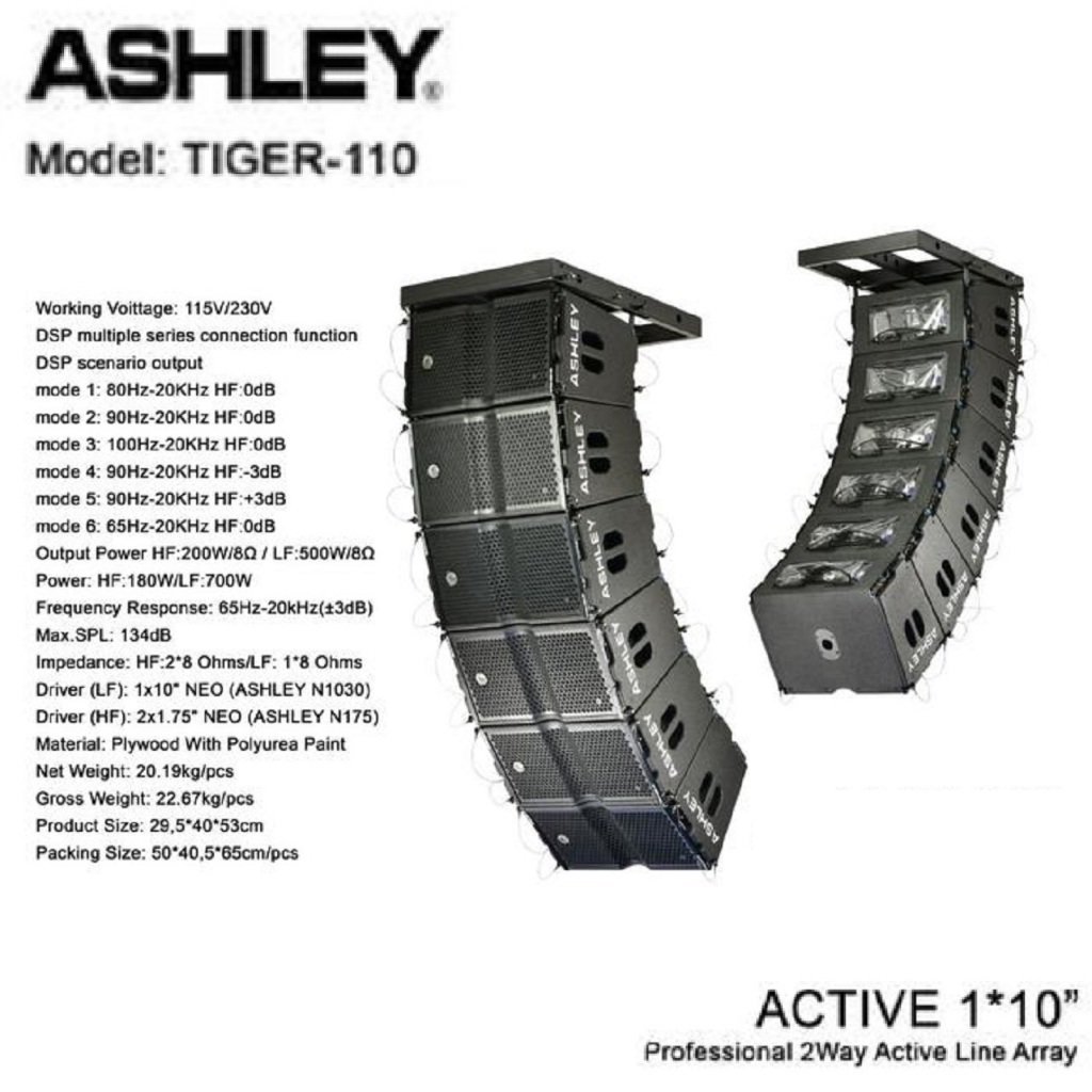 Speaker Aktif LineArray Ashley Tiger 110 1"x10" 2way active Harga 1pcs / 1Box ORIGINAL GARANSI RESMI