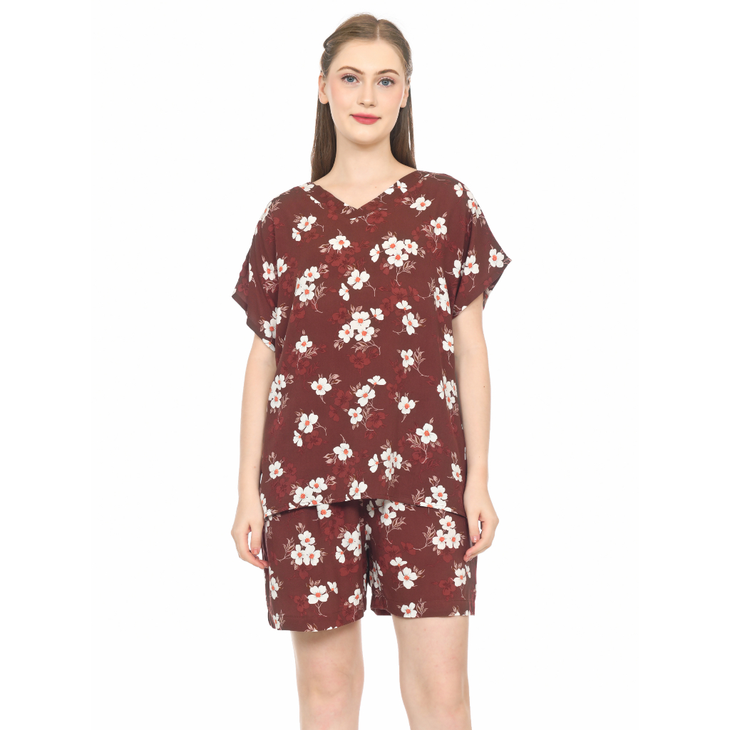 NYAMAN Setelan Baju Tidur Homey Set Rayon Wanita Vneck Celana Pendek