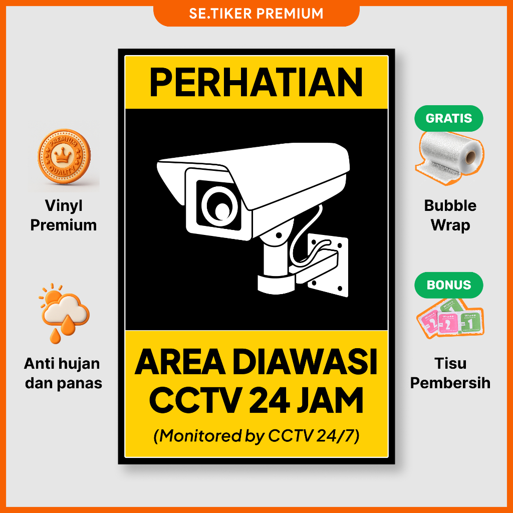 

Stiker Perhatian Area Ini Diawasi CCTV 24 Jam - Sticker CCTV 24 Jam - Stiker CCTV - Vinyl Waterproof