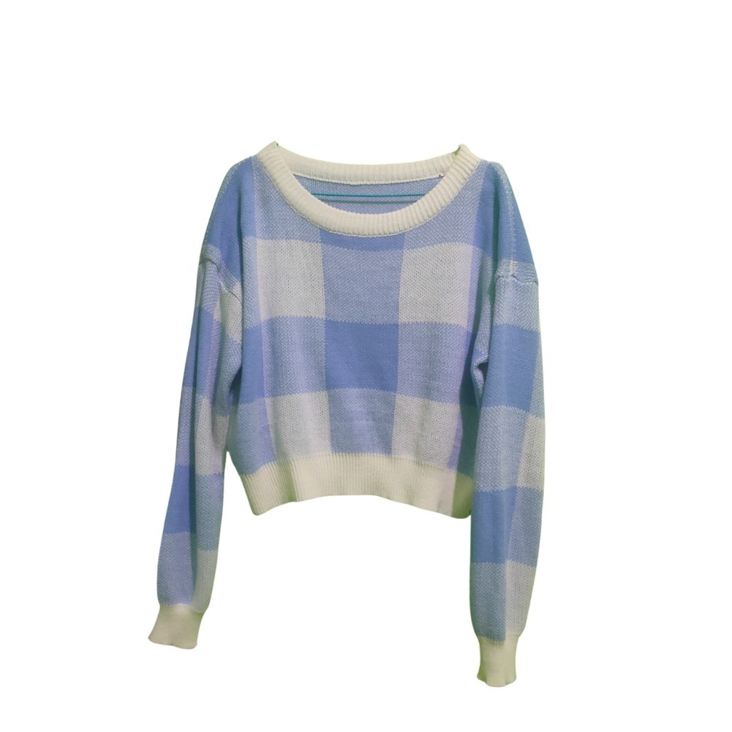 Sweater Knit Blue Motif Kotak-kotak (Preloved)